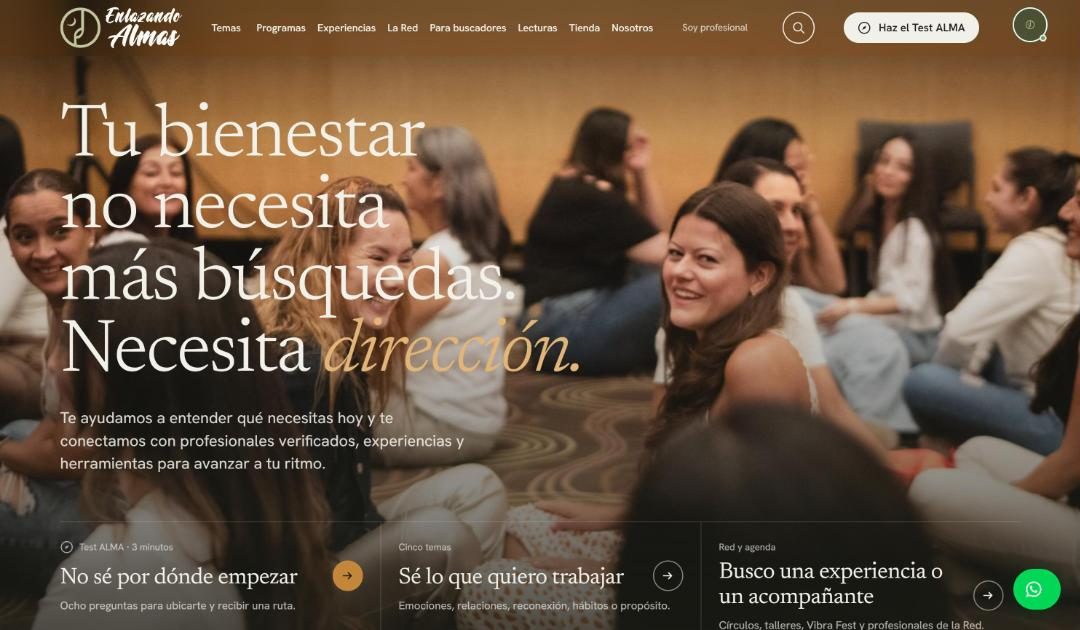 Página de inicio del nuevo sitio de Enlazando Almas: «Tu bienestar no necesita más búsquedas. Necesita dirección».